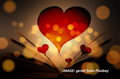 Image of a red heart and sparkles of light floating from an open book. Image by geralt from Pixabay for My Greek Books February 2024