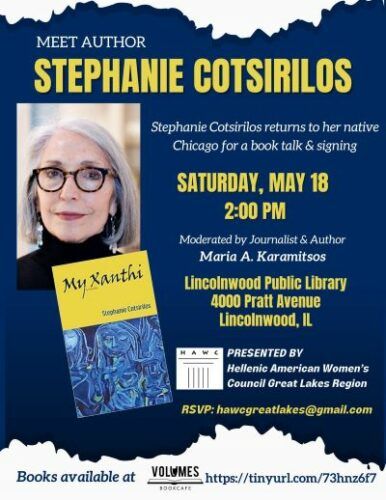 Hellenic American Women's Council presents Author Stephanie Cotsirilos in conversation with Maria A. Karamitsos. Event flyer with image of woman with gray hair and glasses and a blue and yellow book cover