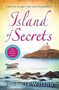 Mother's Day Reads_Cover of Island of Secrets by Patricia M. Wilson. Image og a tiny island house on a mountain overlooking the sea