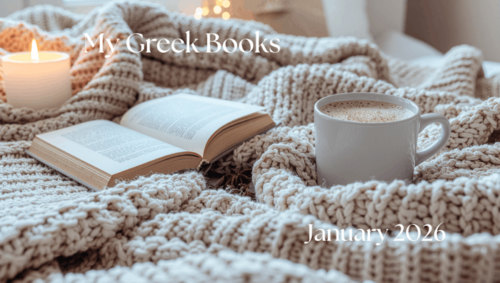My Greek Books_January 2026 Reads. Image og an open book on a cozy beige blanket with a lit candle nearby