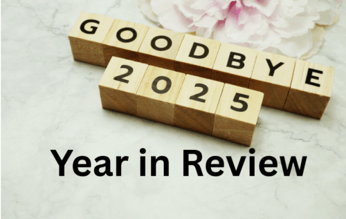 Year in Review 2025. Image of a flower and wood tiles spelling out GOODBYE 2025