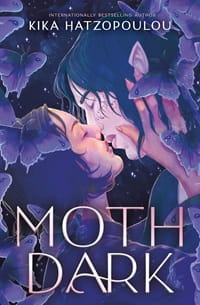 10 Greek Women Authors for International Women's Day. Cover of Moth Dark by Kika Hatzopoulou. Illustrated image of a dark night and the illuminated faces  of two beings kissing