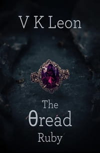 10 Greek Women Authors for International Women's Day. Cover of The Thread Ruby by V.K. Leon. On a dark background like a cloudy night, the image of a ruby ring on a vintage setting