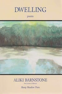 National Poetry Month More Greek American Poets. Cover image of DWELLING by Aliki Barnstone. Illustrated image of a river with trees in the background