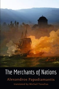 My Greek Books May 2026 Reads_The Merchants of Nations by Alexandros Papadiamantis. Image of ships on fire at sea