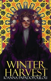 Cover of Winter Harvest by Kika Hatzopoulou. Image of a woman veiled in darkness and a golden aura