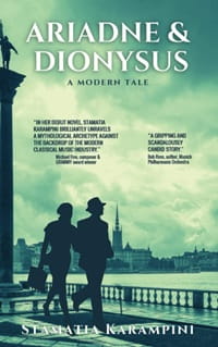 Cover of Ariadne & Dionysus by Stamatia Karampini. Image of a couple strolling on a harbor in a big city.