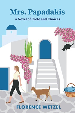 My Greek Books August 2026 Reads_Mrs. Papadakis by Florence Wetzel. Image of a Greek island house, whitewashed with blue doors with fuchsia bounganvillea hanging over it. A blank cat overlooks the doorway and a whicte church with a blue dome is visible in the background